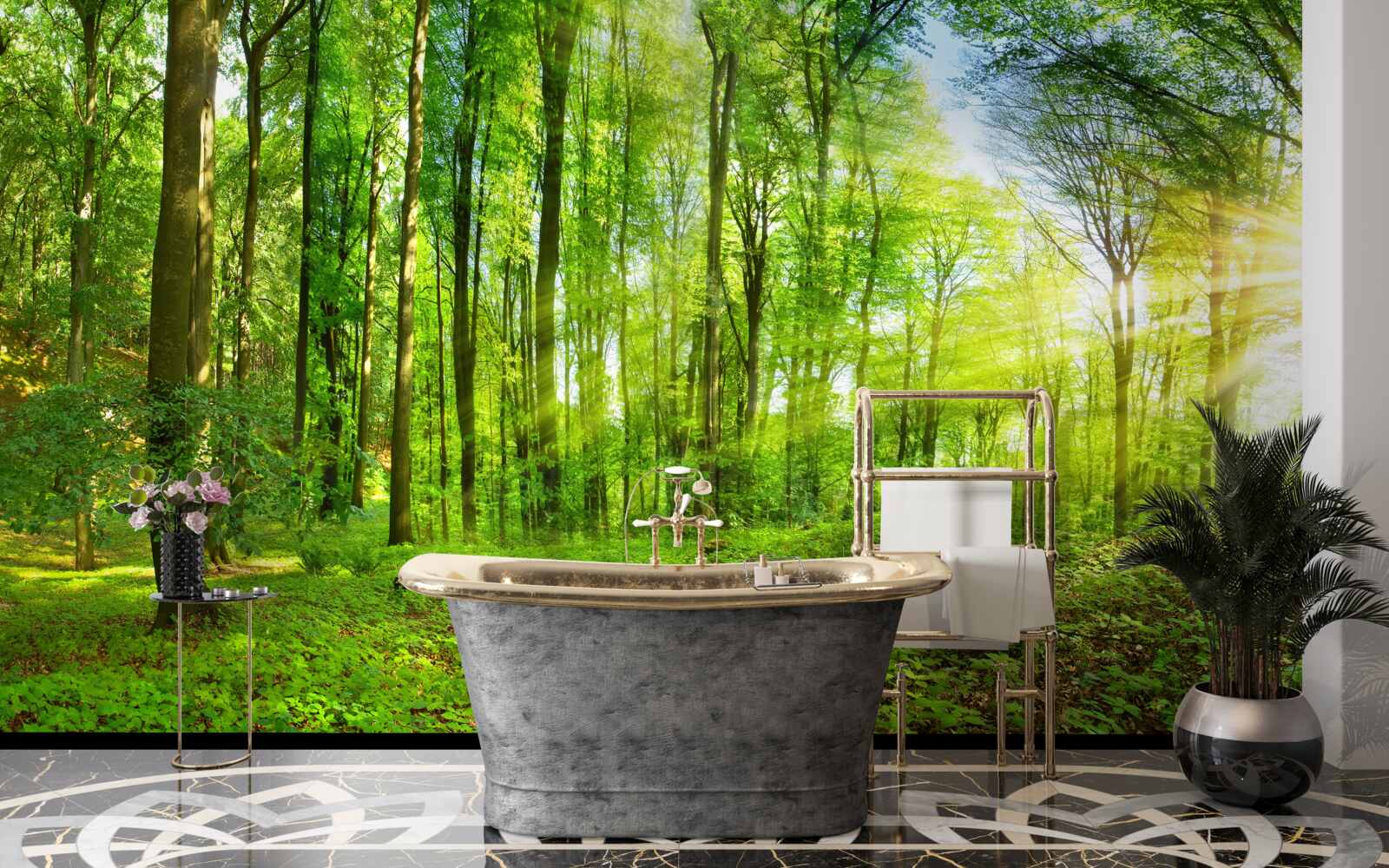 Fotobehang Dageraad in een bos waar groene bladeren heersen