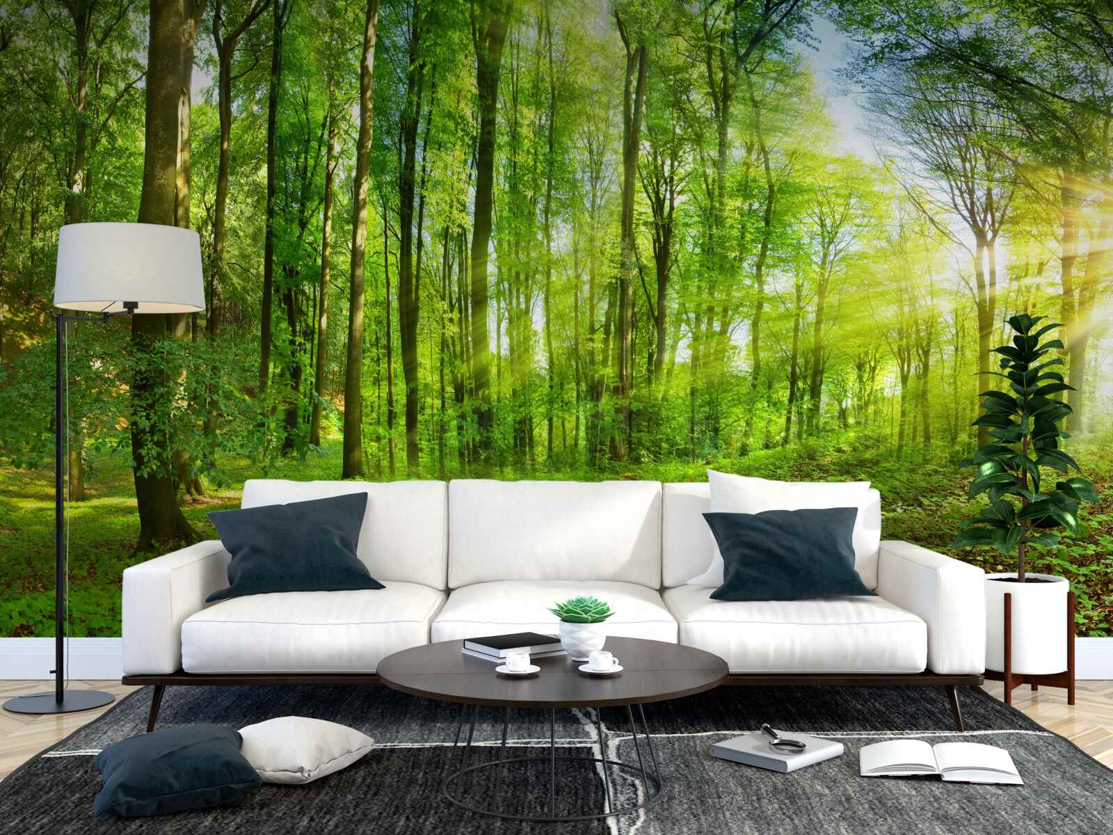 Fotobehang Dageraad in een bos waar groene bladeren heersen