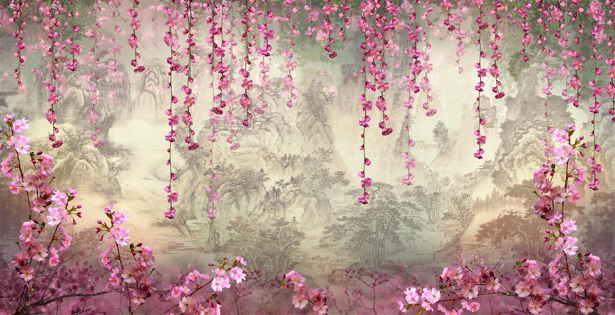 Fotobehang roze bloemen die van boven naar beneden in het water vallen