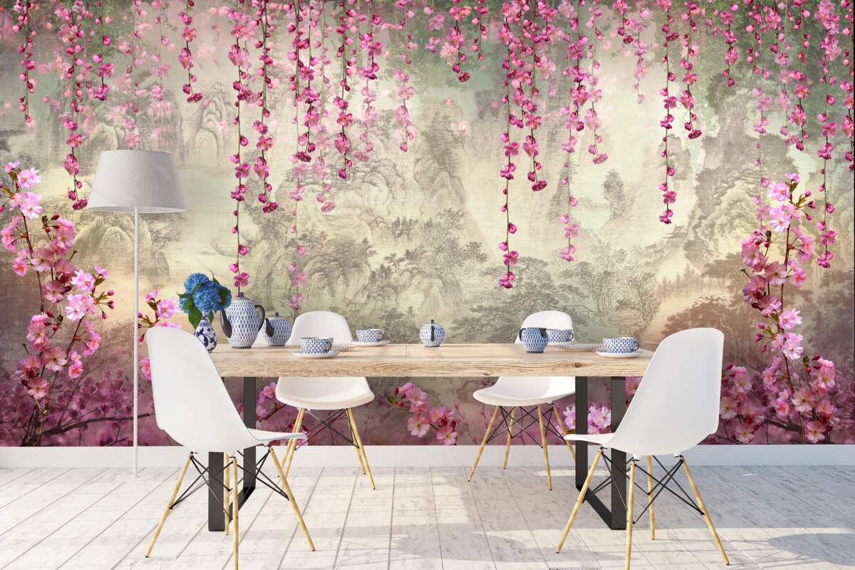 Fotobehang roze bloemen die van boven naar beneden in het water vallen