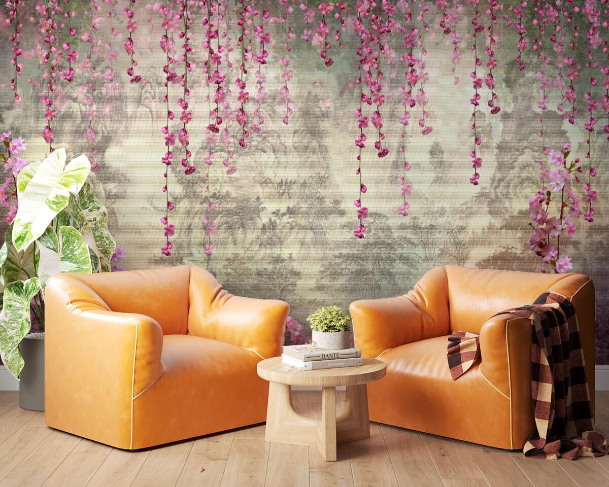 Fotobehang roze bloemen die van boven naar beneden in het water vallen