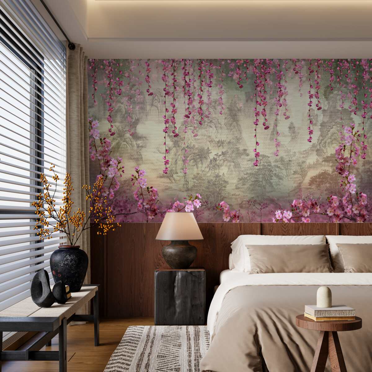 Fotobehang roze bloemen die van boven naar beneden in het water vallen