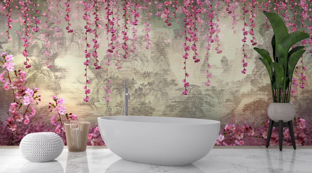 Fotobehang roze bloemen die van boven naar beneden in het water vallen