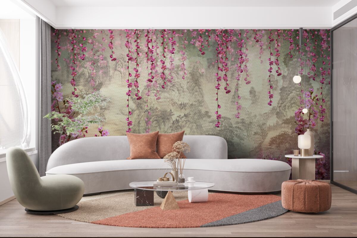 Fotobehang roze bloemen die van boven naar beneden in het water vallen