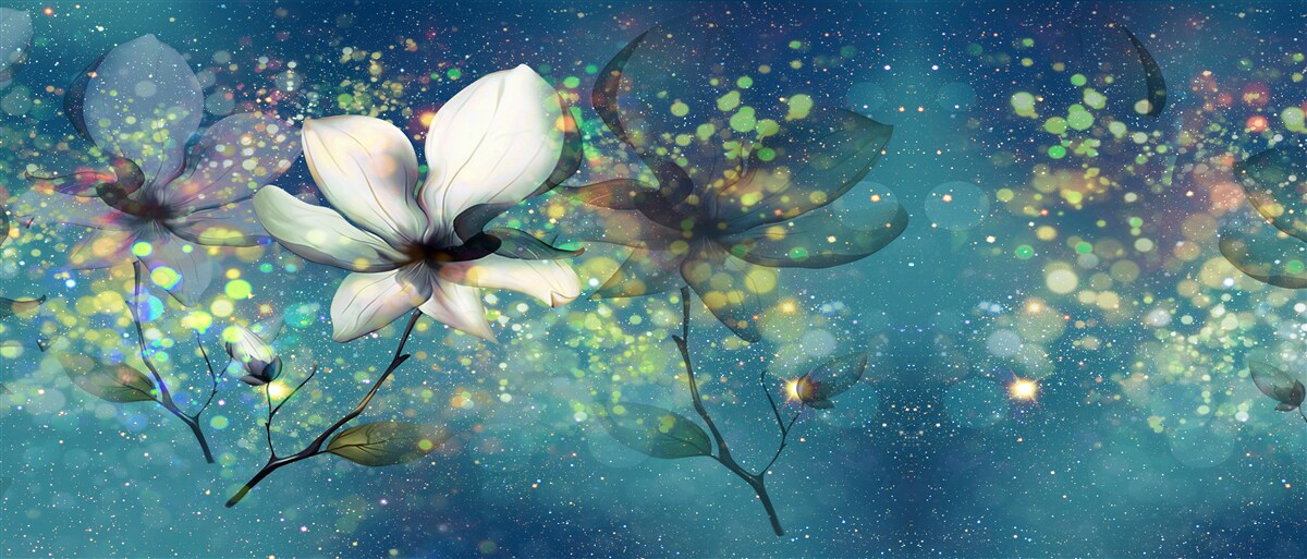 Fotobehang een bloem van wit in een nacht bezaaid met sterren