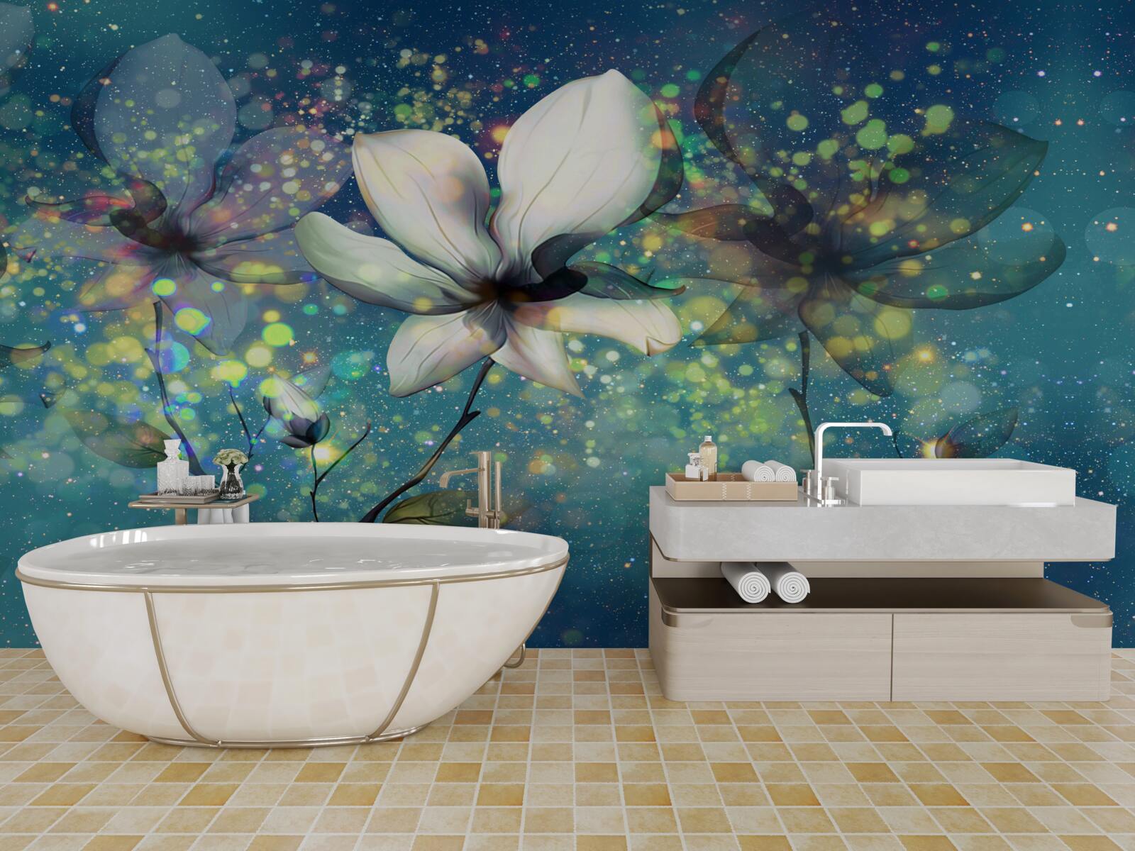 Fotobehang een bloem van wit in een nacht bezaaid met sterren