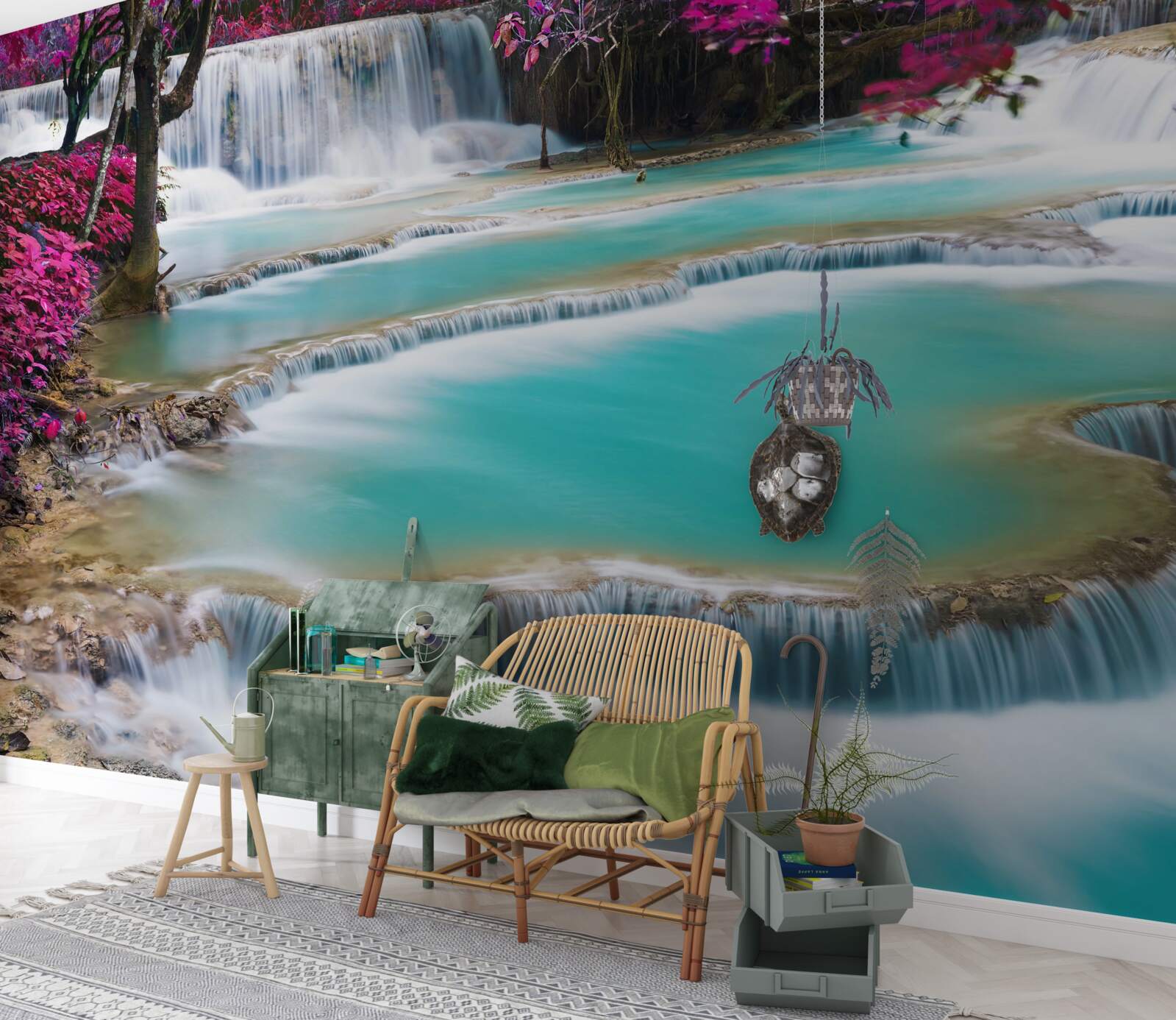 Fotobehang met seringenbloesem bedekte bomen aan de voet van de waterval