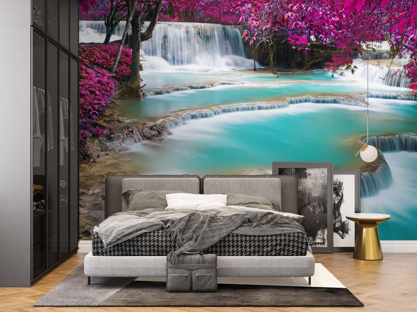 Fotobehang met seringenbloesem bedekte bomen aan de voet van de waterval