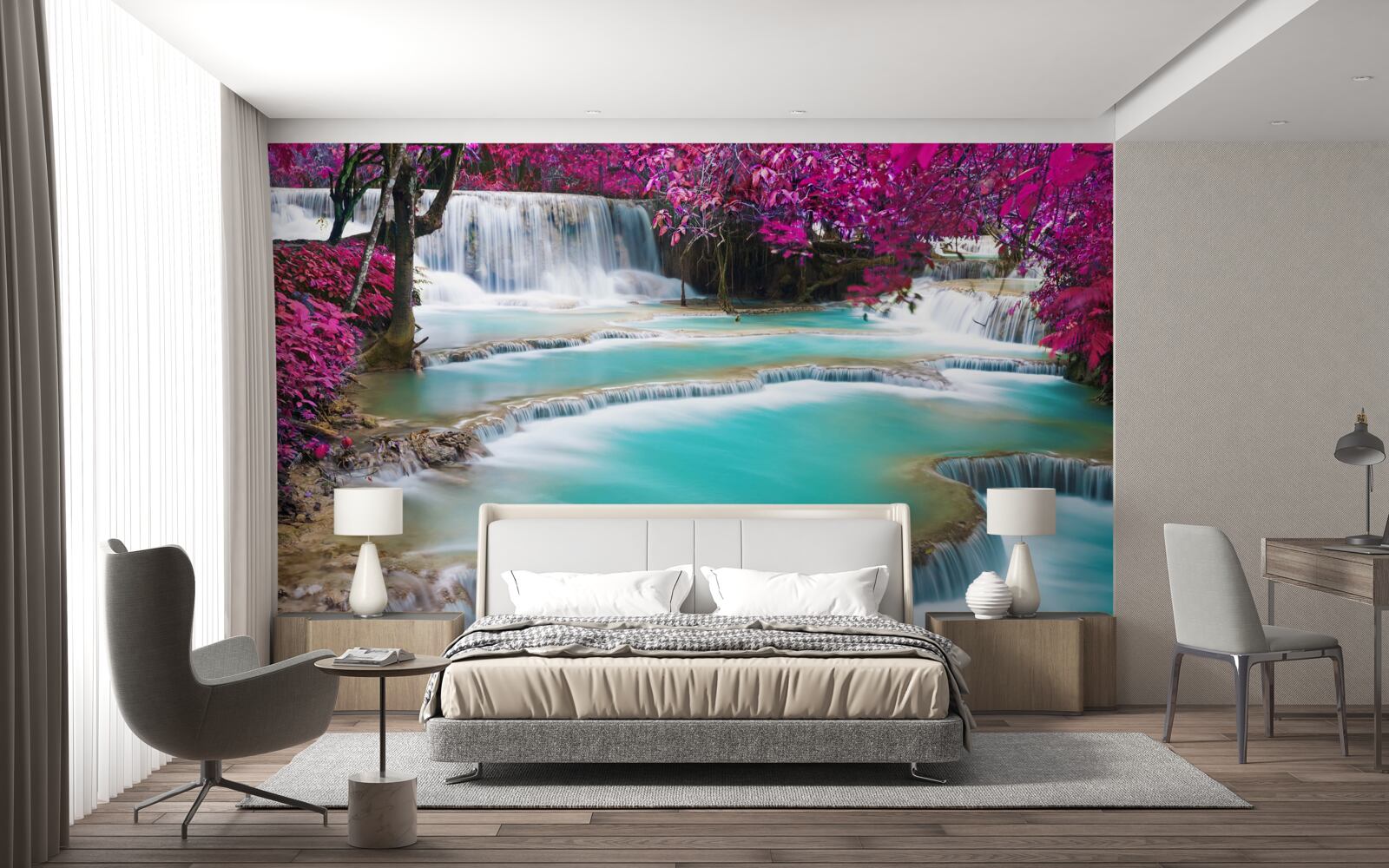 Fotobehang met seringenbloesem bedekte bomen aan de voet van de waterval