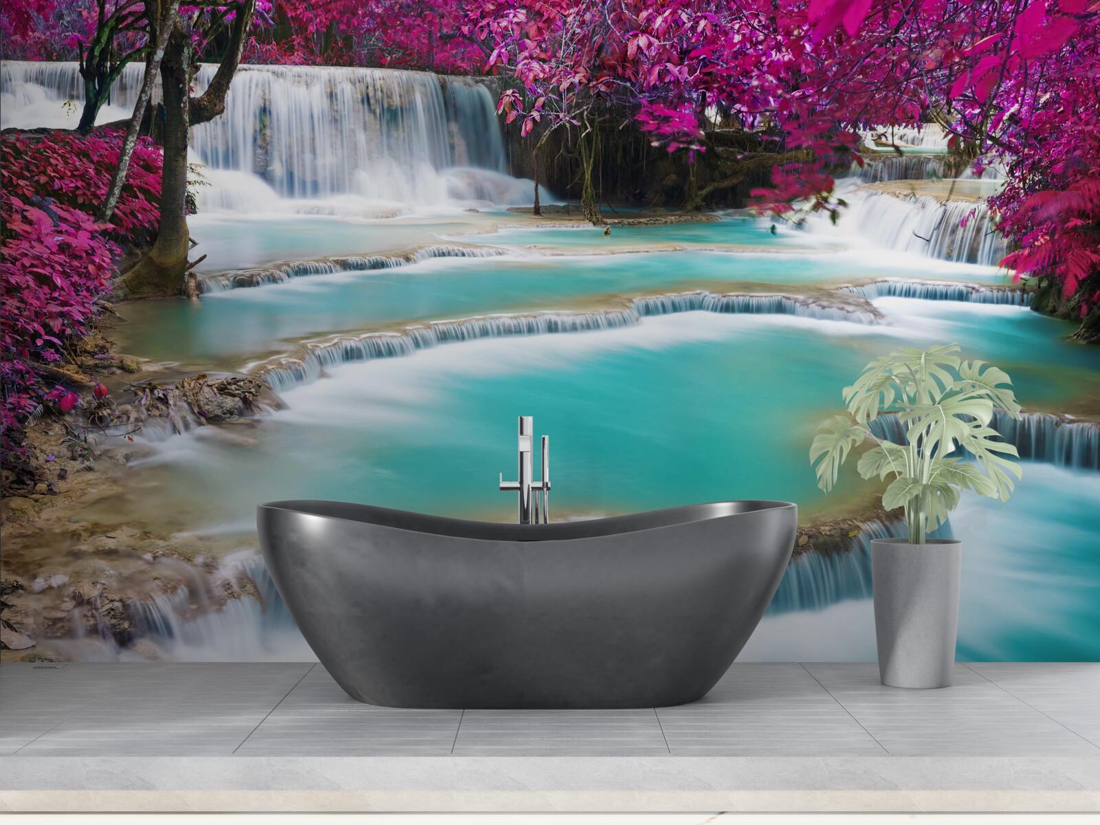 Fotobehang met seringenbloesem bedekte bomen aan de voet van de waterval