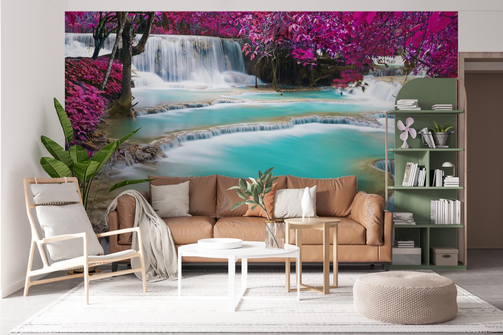 Fotobehang met seringenbloesem bedekte bomen aan de voet van de waterval