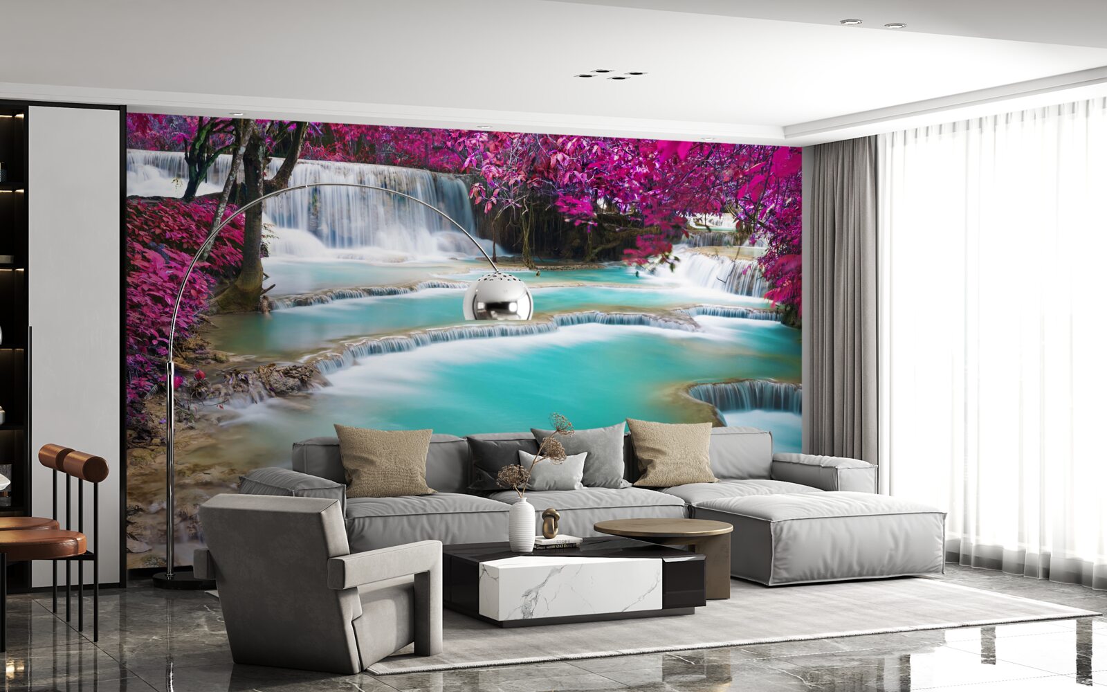 Fotobehang met seringenbloesem bedekte bomen aan de voet van de waterval