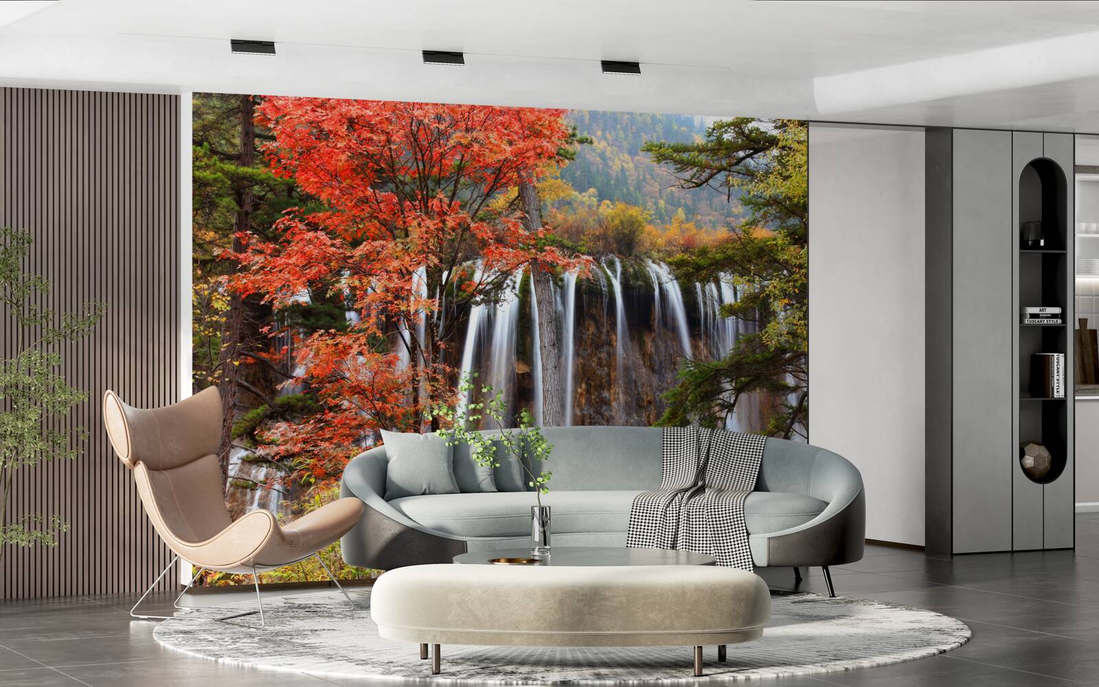 Fotobehang bos bij een krachtige waterval in de herfst