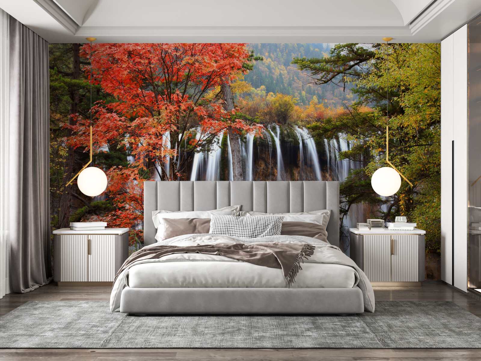 Fotobehang bos bij een krachtige waterval in de herfst