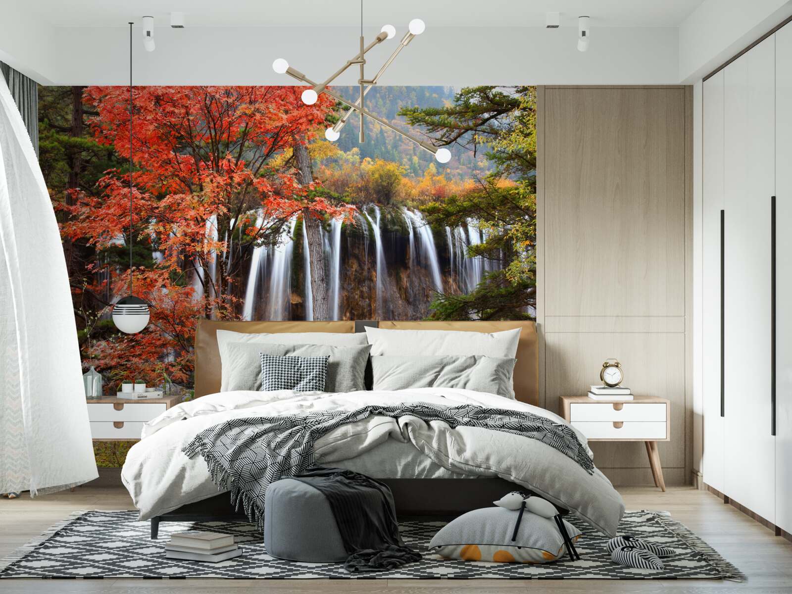 Fotobehang bos bij een krachtige waterval in de herfst