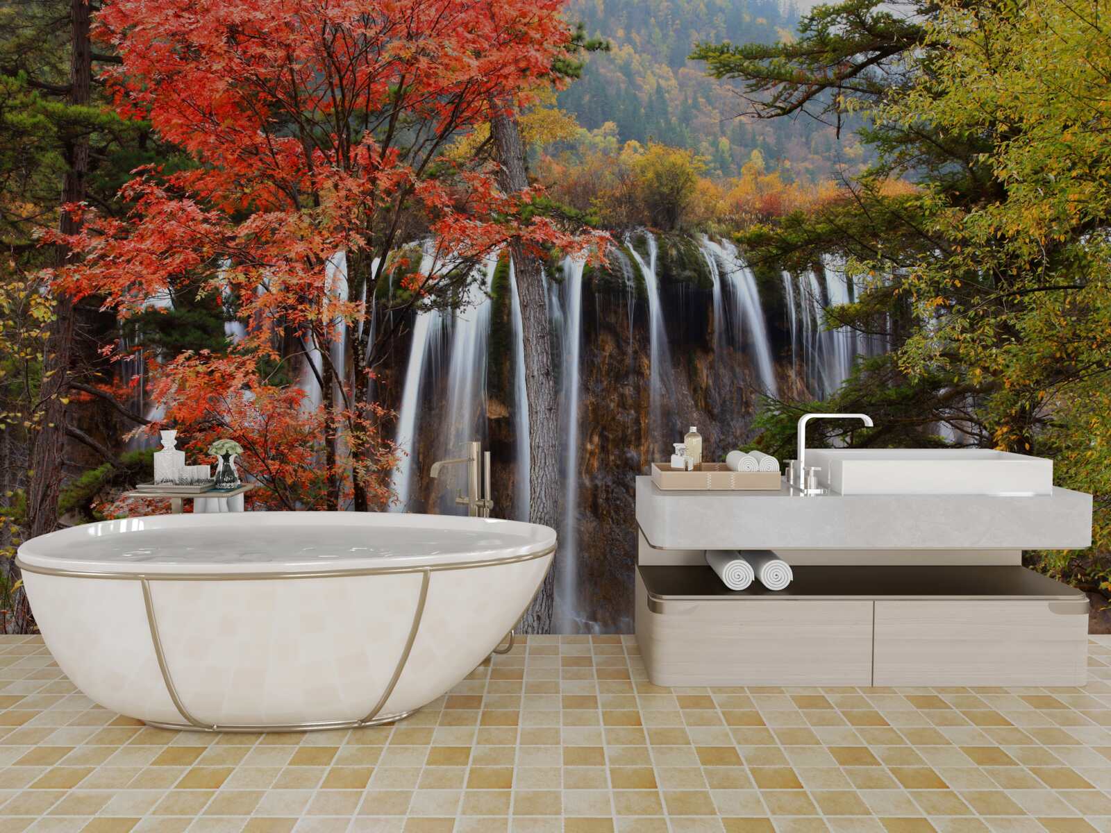 Fotobehang bos bij een krachtige waterval in de herfst