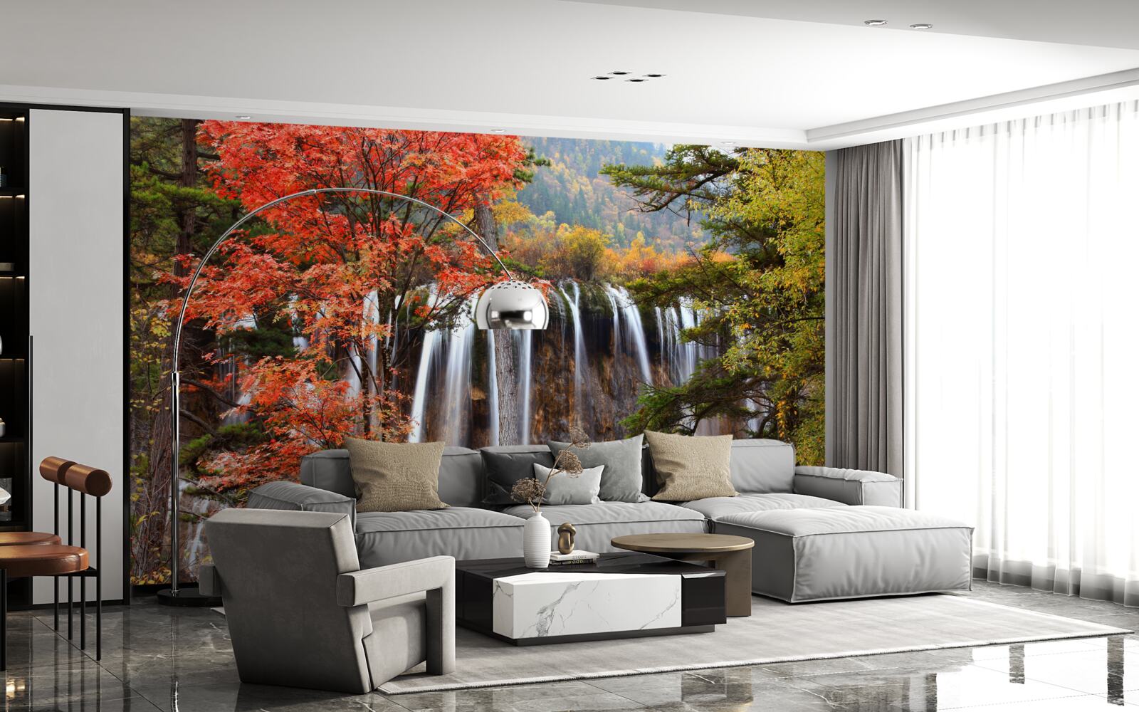 Fotobehang bos bij een krachtige waterval in de herfst