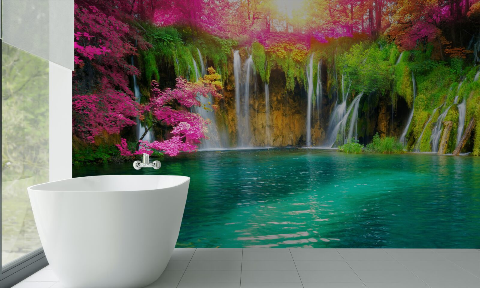 Fotobehang de waterval heeft helder water en ziet eruit als een stukje paradijs