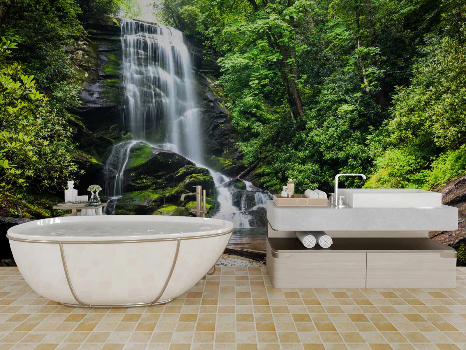 Fotobehang het water van de bergwaterval valt snel in het bos