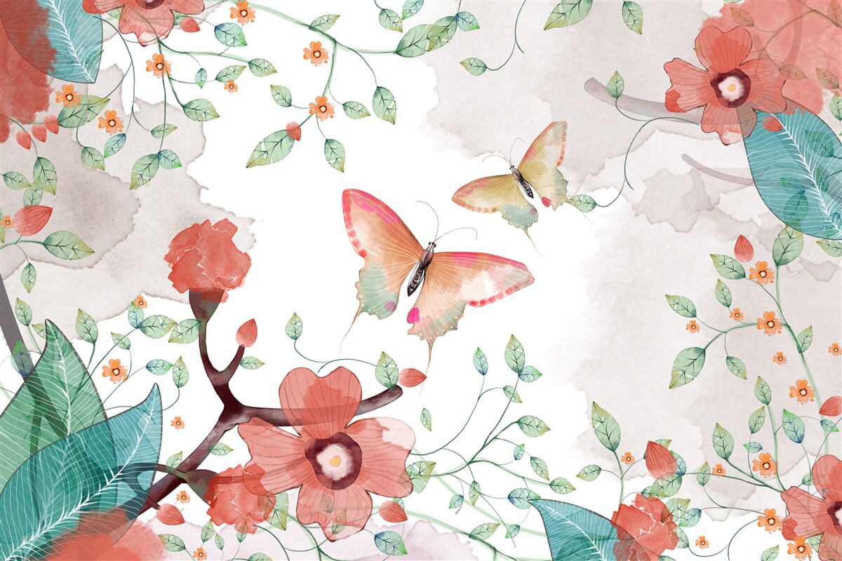 Fotobehang bloemen en vlinders geschilderd in aquarel