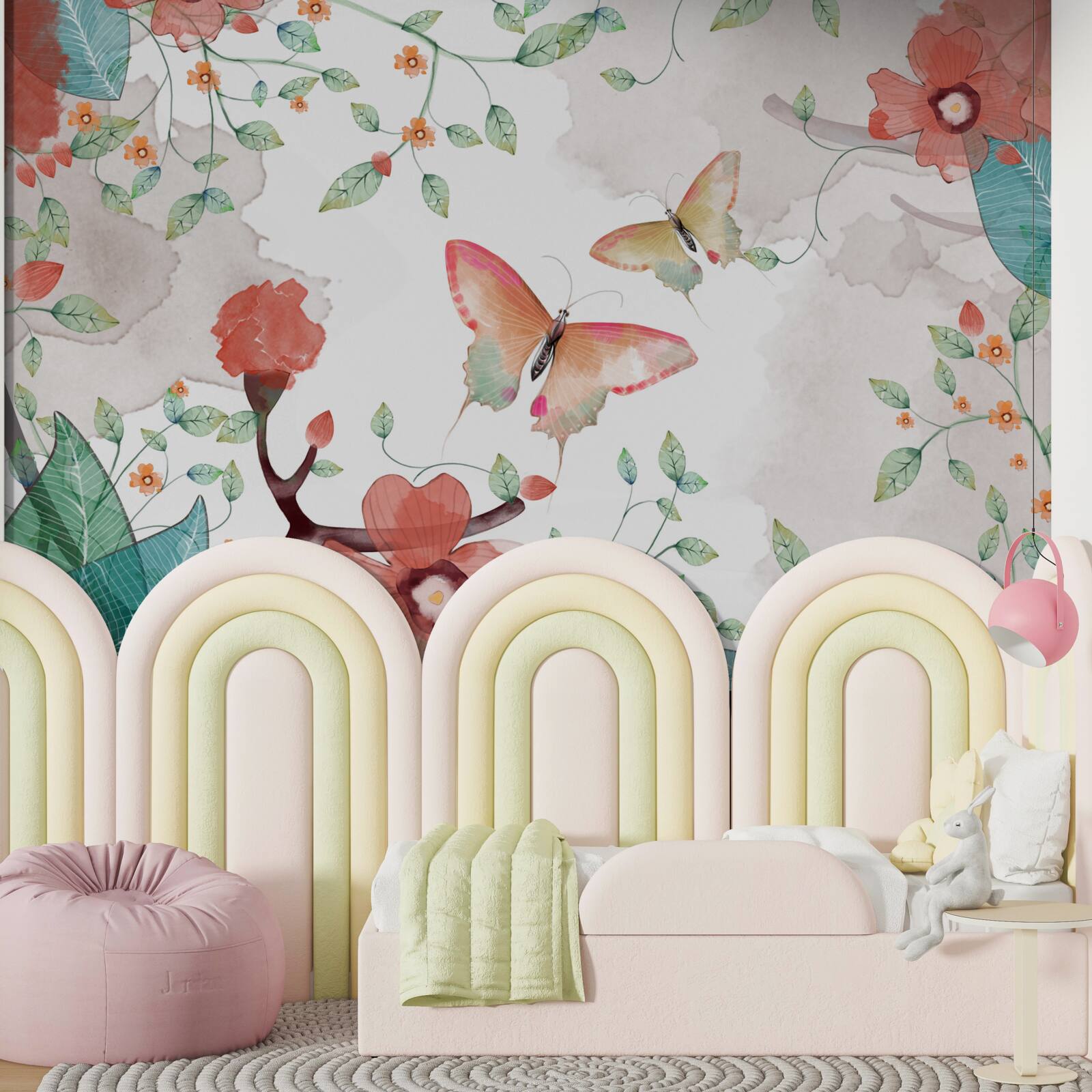 Fotobehang bloemen en vlinders geschilderd in aquarel