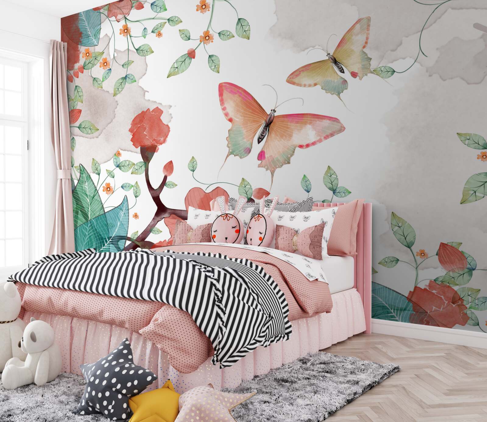 Fotobehang bloemen en vlinders geschilderd in aquarel