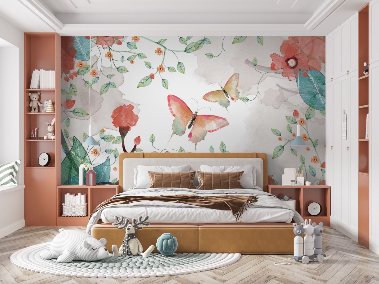 Fotobehang bloemen en vlinders geschilderd in aquarel