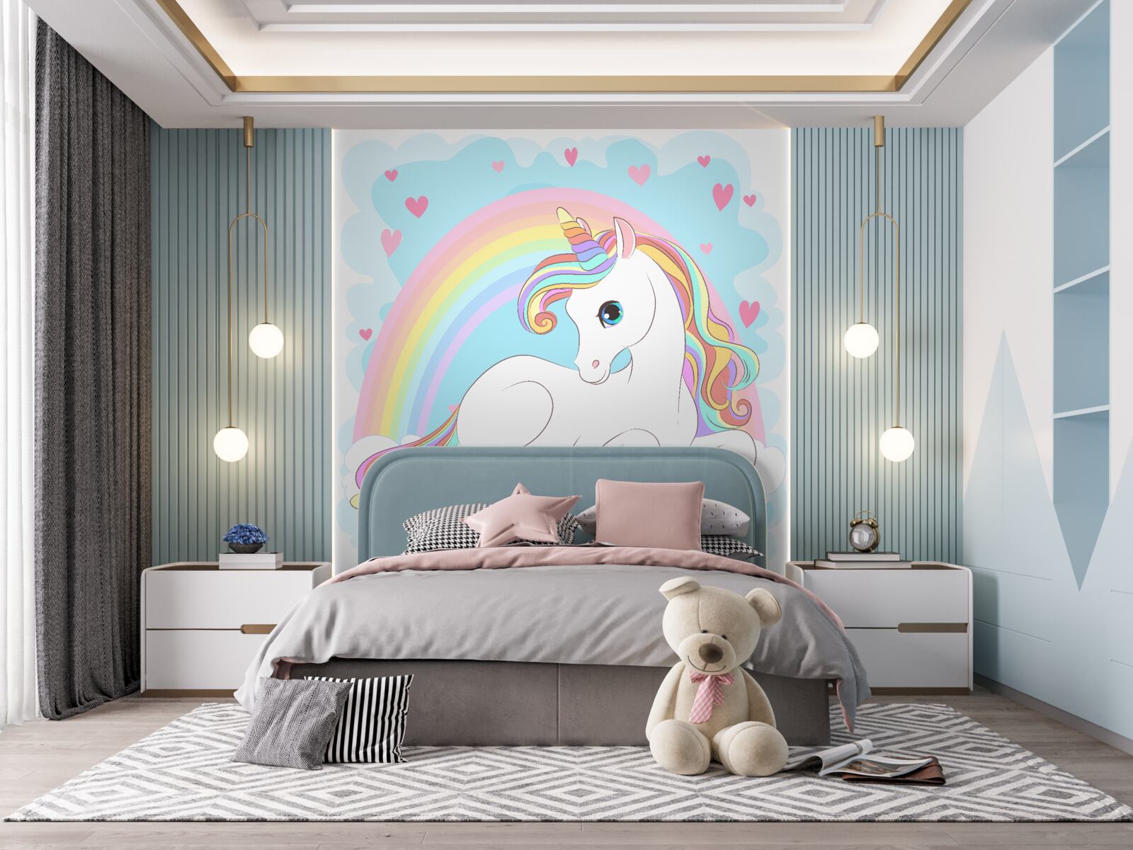 Fotobehang eenhoorn op regenboogachtergrond