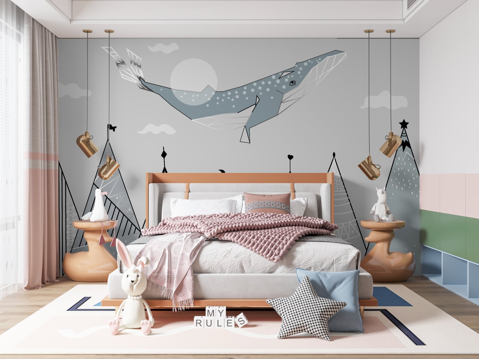 Fotobehang potvis zweeft over bergen