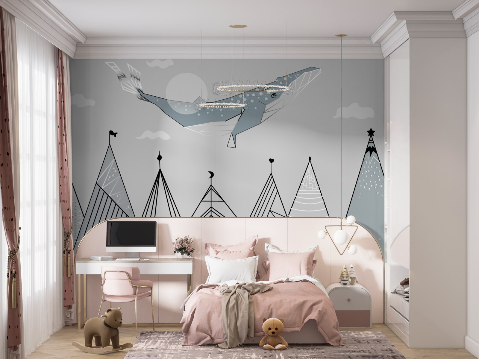 Fotobehang potvis zweeft over bergen