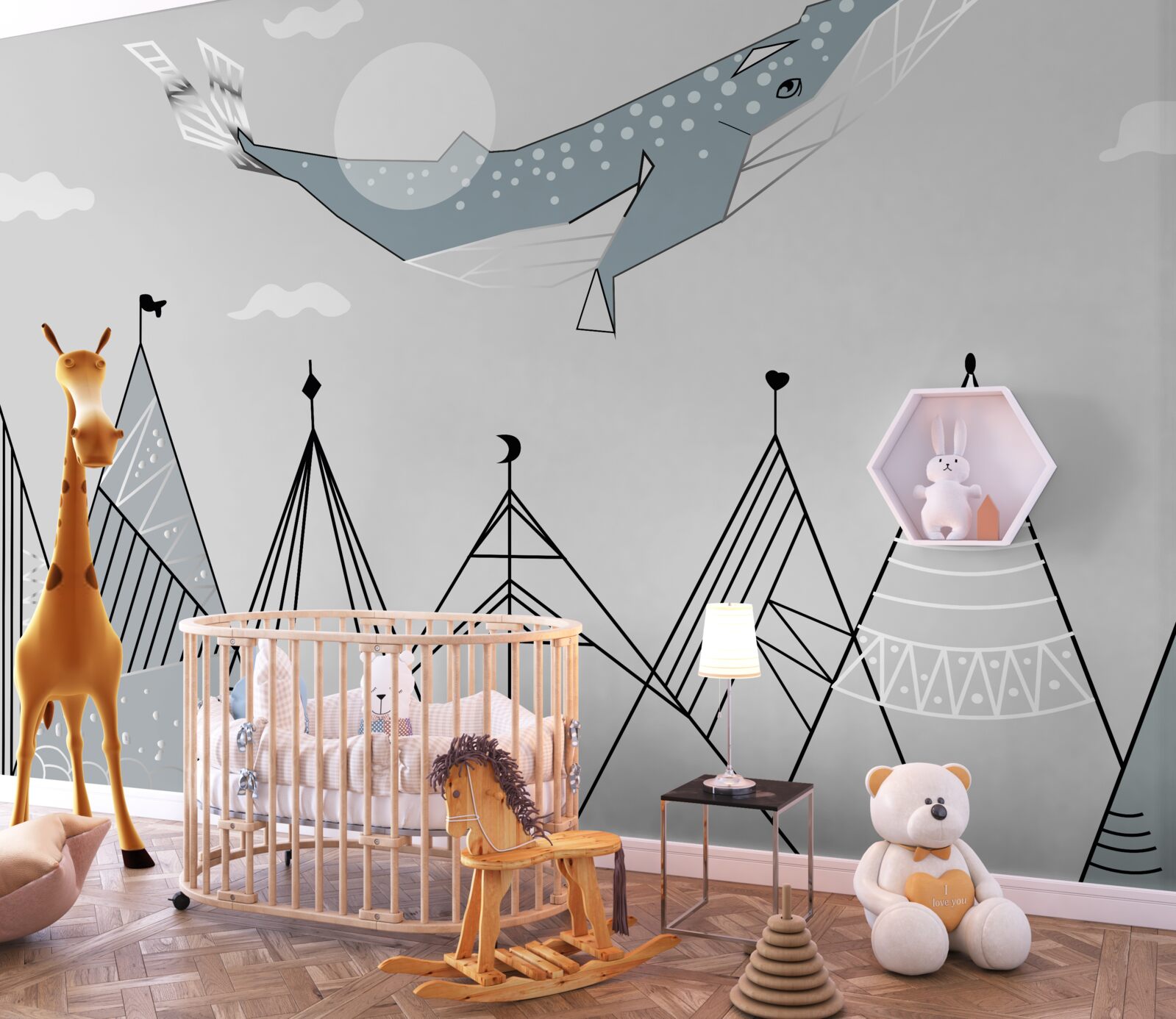 Fotobehang potvis zweeft over bergen