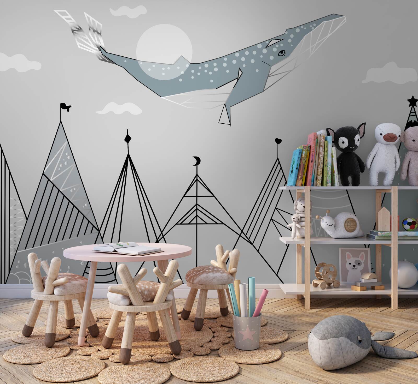 Fotobehang potvis zweeft over bergen