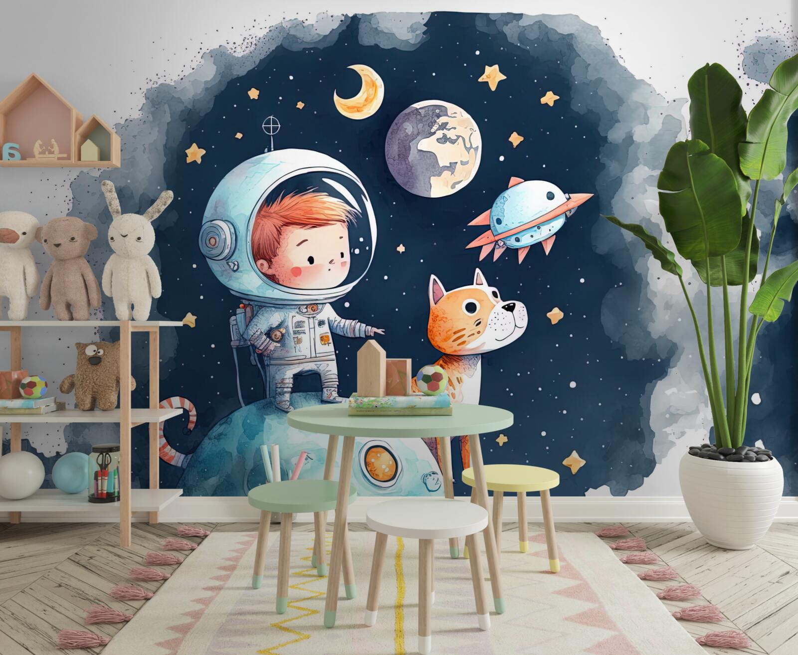 Fotobehang jongen met hond in de ruimte