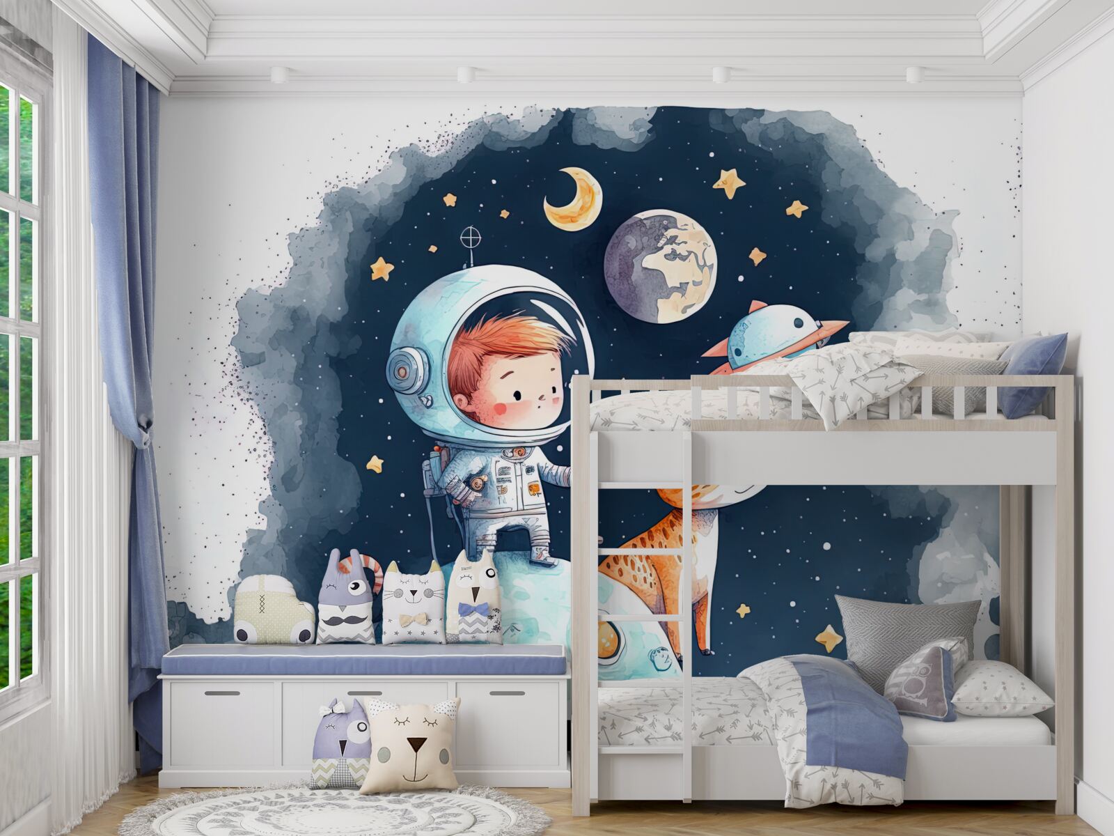 Fotobehang jongen met hond in de ruimte