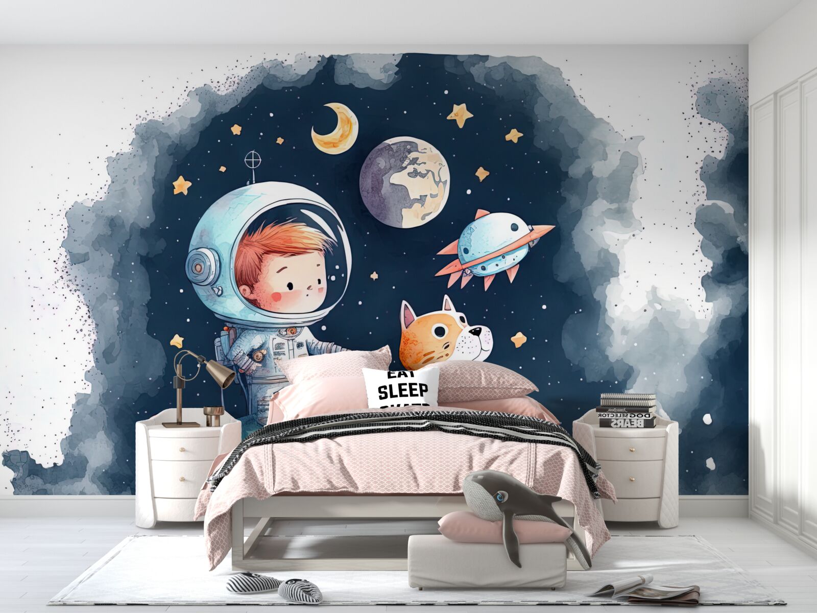 Fotobehang jongen met hond in de ruimte