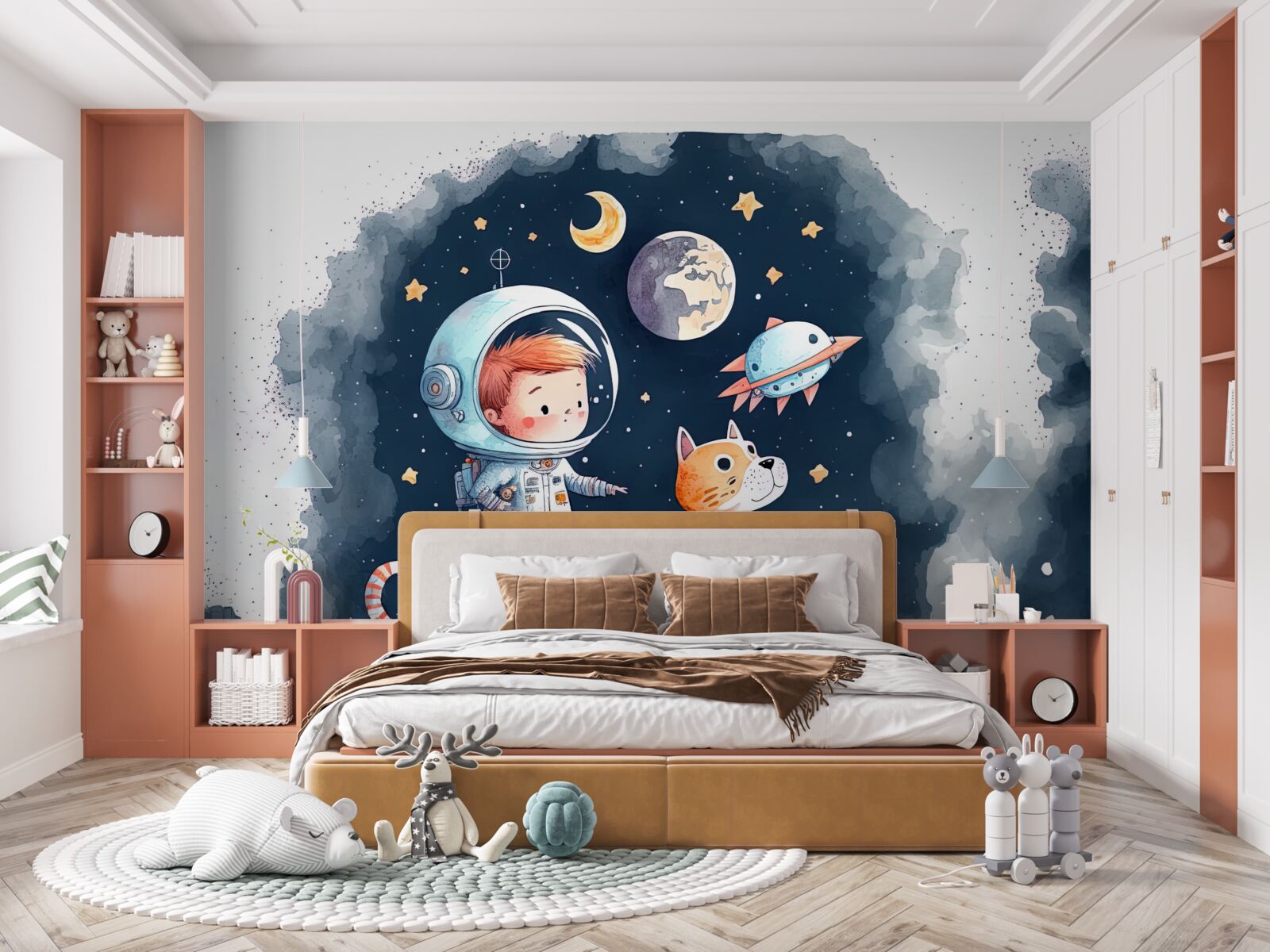 Fotobehang jongen met hond in de ruimte