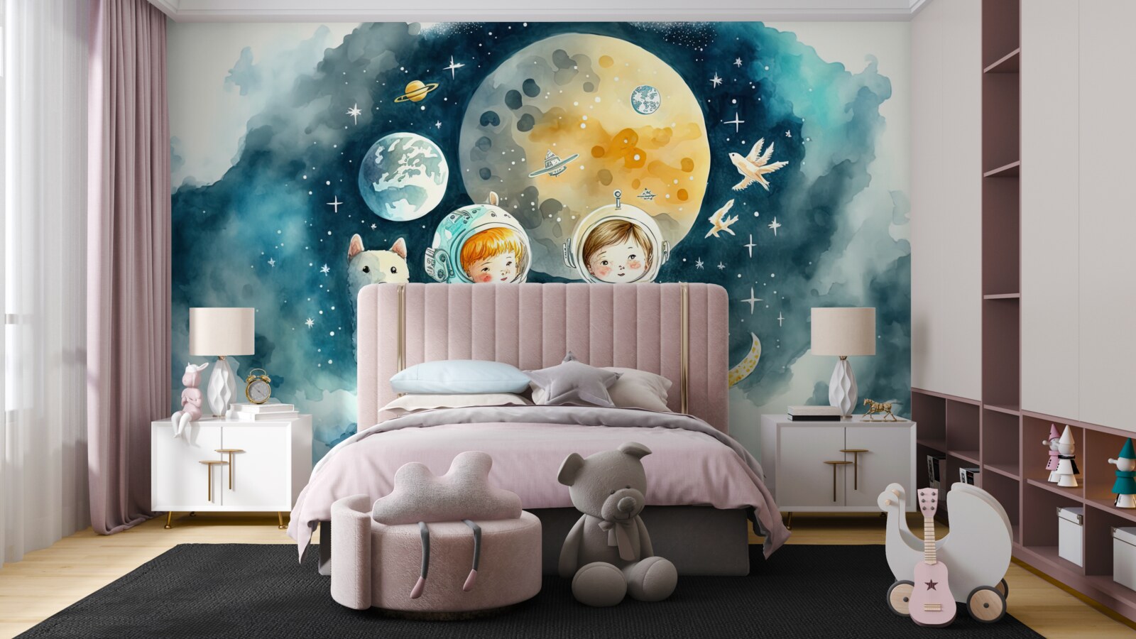 Fotobehang kinderen in de ruimte met dieren