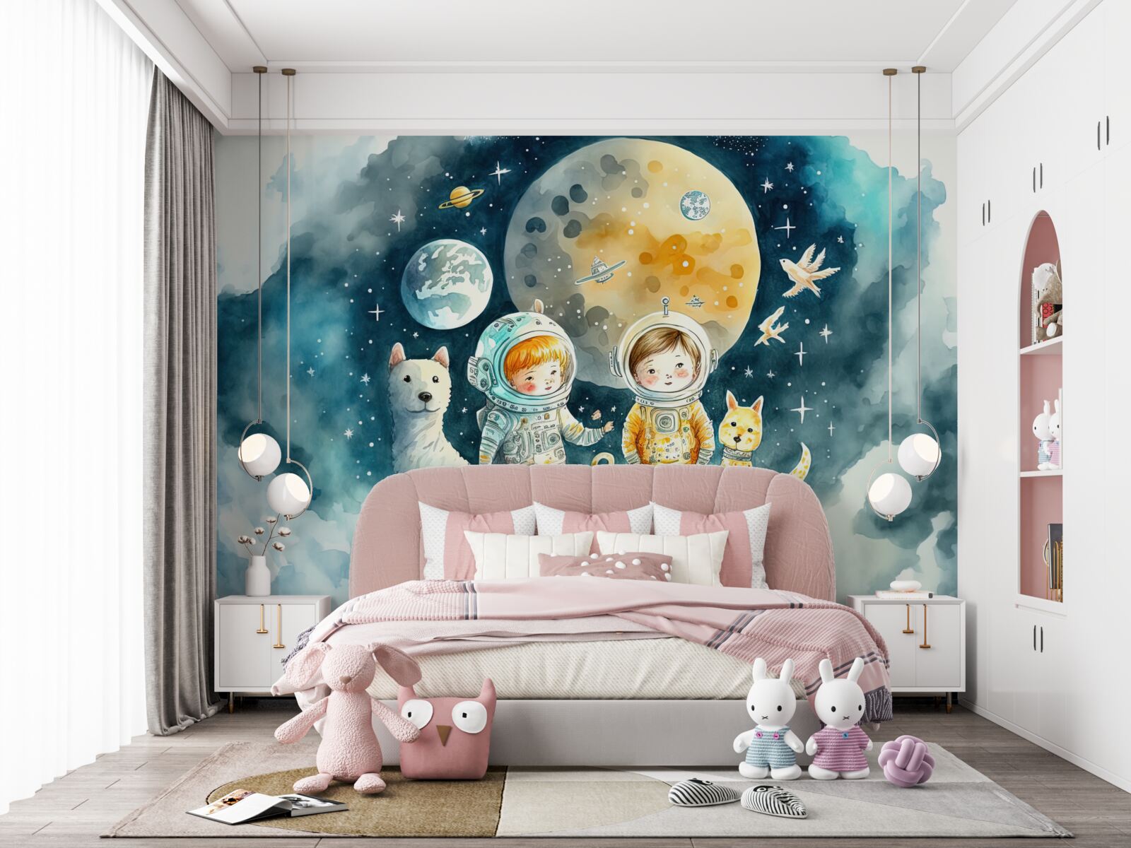 Fotobehang kinderen in de ruimte met dieren