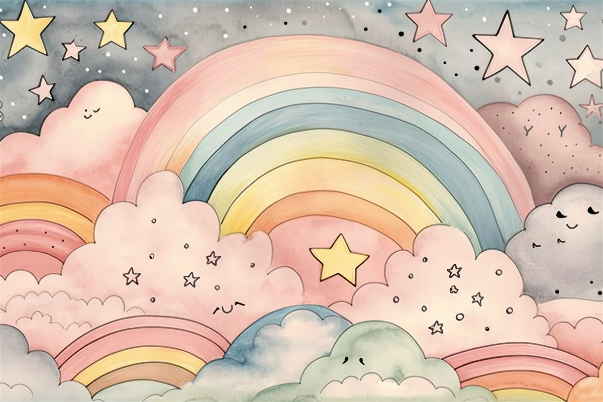 Fotobehang sterren en regenbogen tussen de wolken