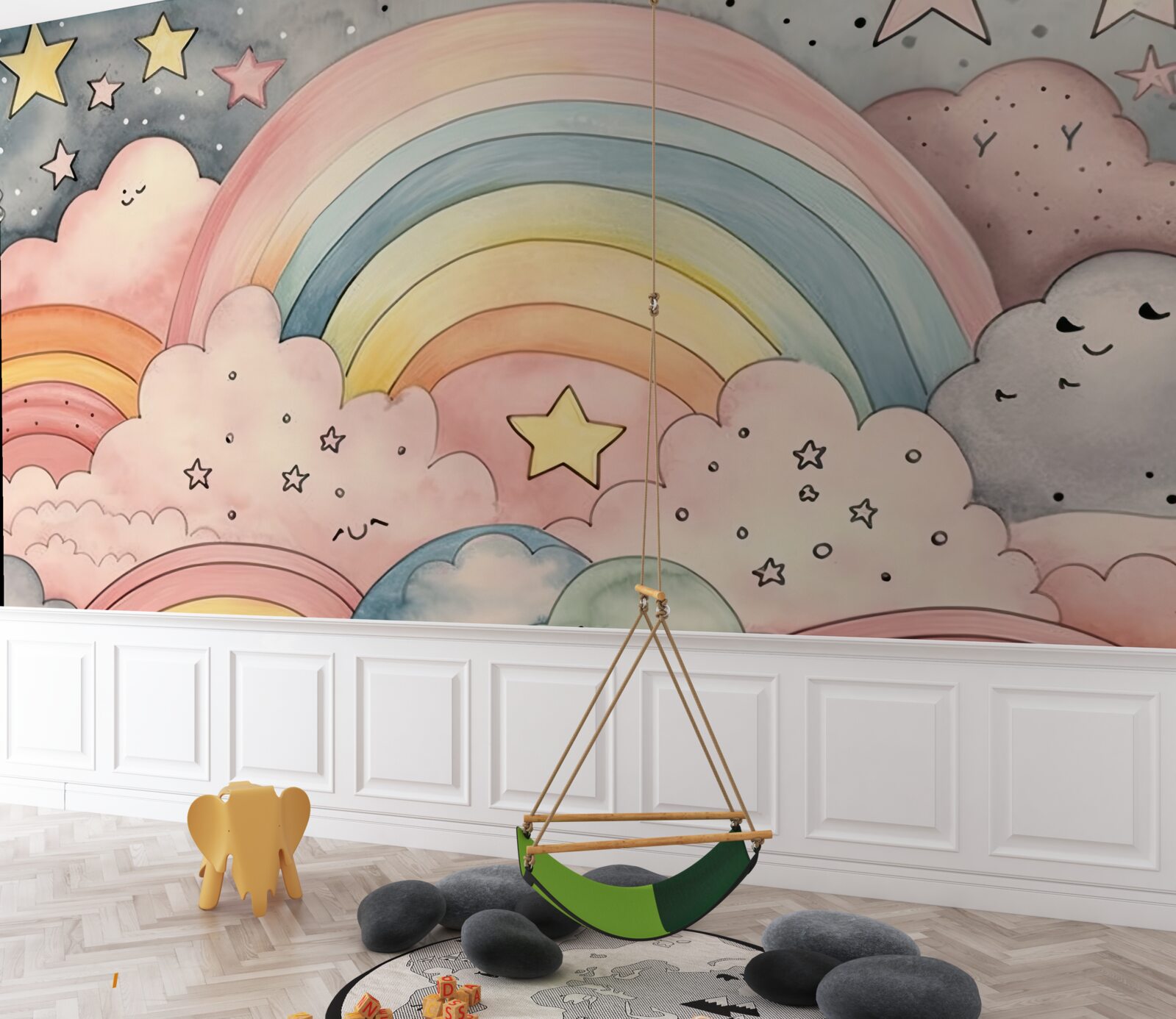 Fotobehang sterren en regenbogen tussen de wolken