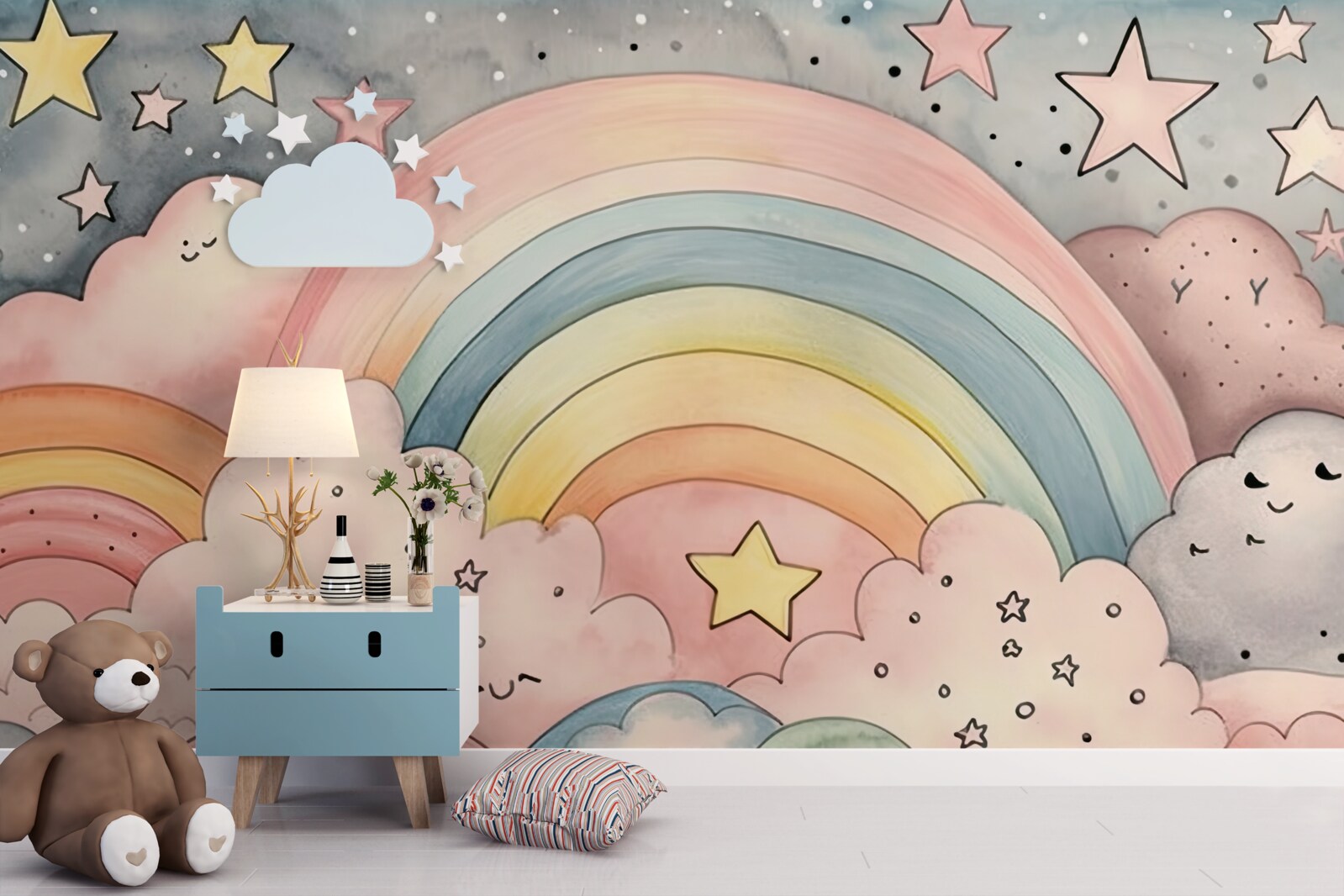 Fotobehang sterren en regenbogen tussen de wolken