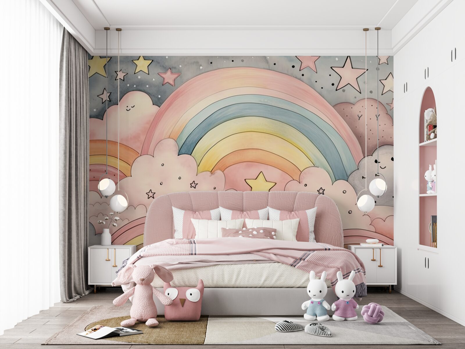 Fotobehang sterren en regenbogen tussen de wolken