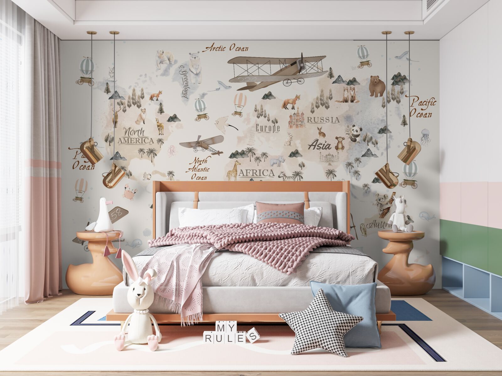 Fotobehang wereldkaart met afbeeldingen van verschillende dieren en transportmiddelen