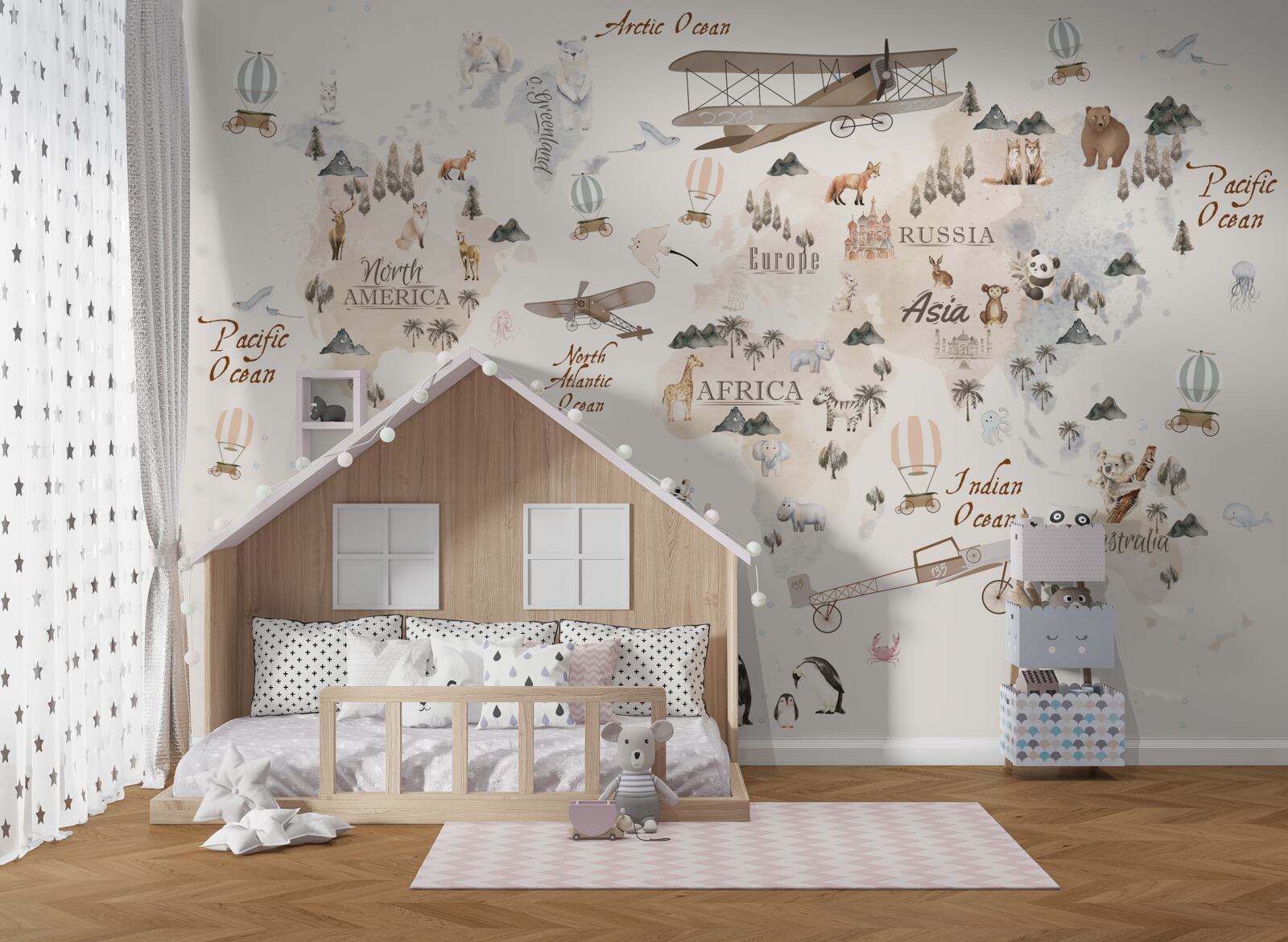 Fotobehang wereldkaart met afbeeldingen van verschillende dieren en transportmiddelen