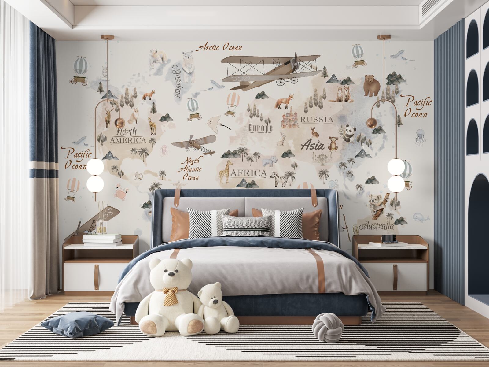 Fotobehang wereldkaart met afbeeldingen van verschillende dieren en transportmiddelen