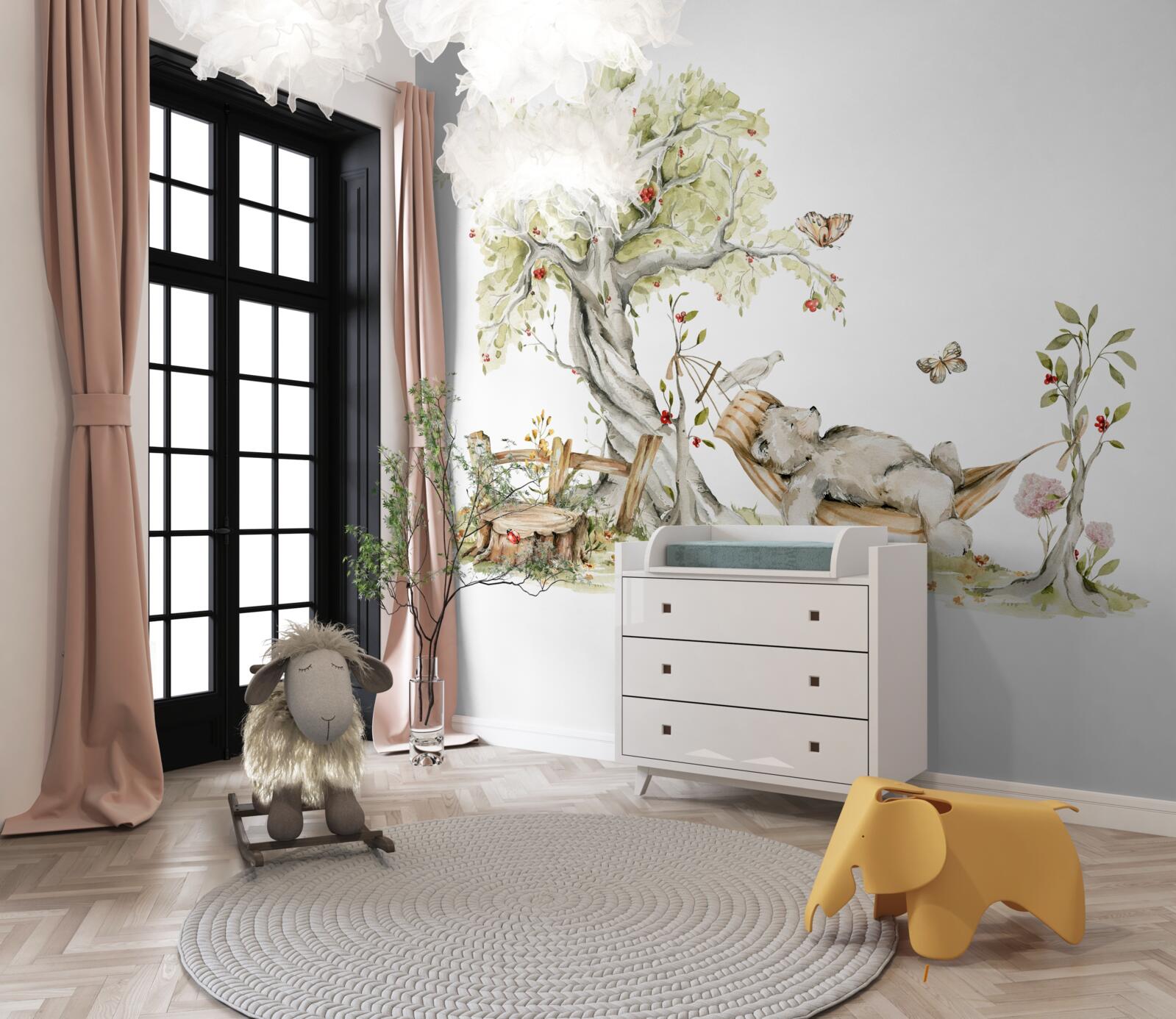 Fotobehang een beer ontspant in een hangmat