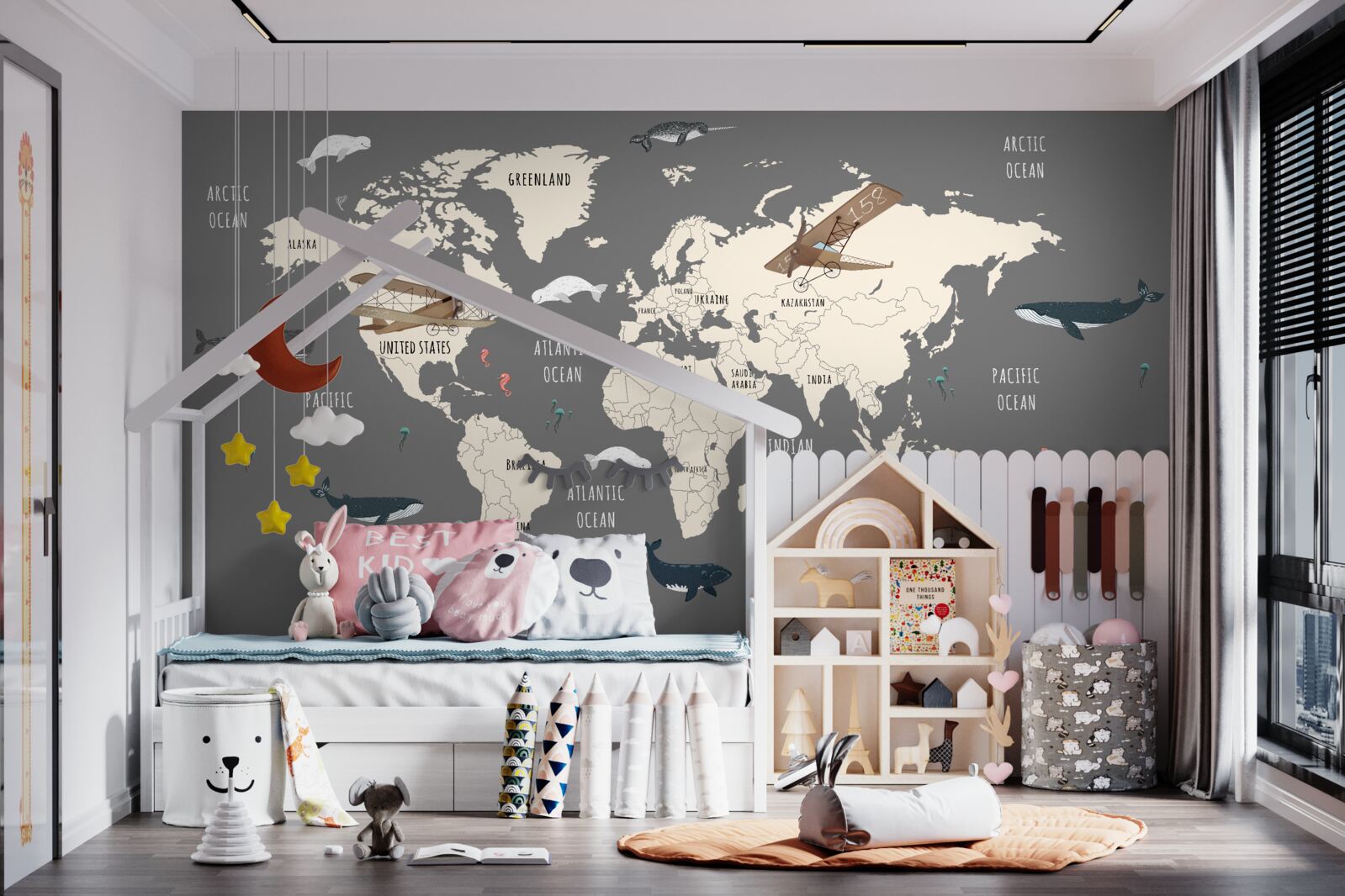 Fotobehang wereldkaart met zeeleven