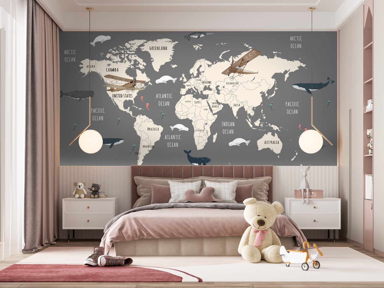 Fotobehang wereldkaart met zeeleven