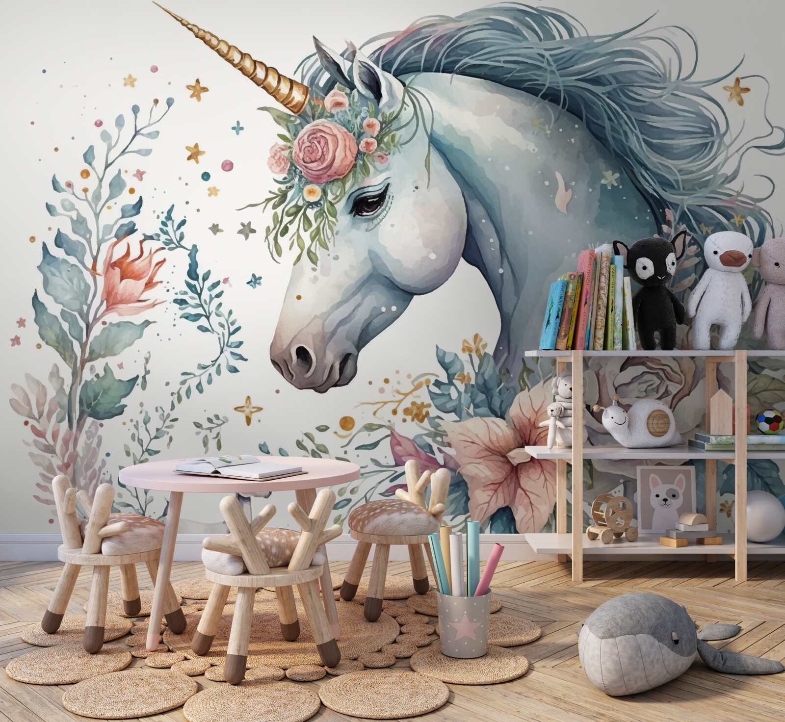 Fotobehang bloemen eenhoorn