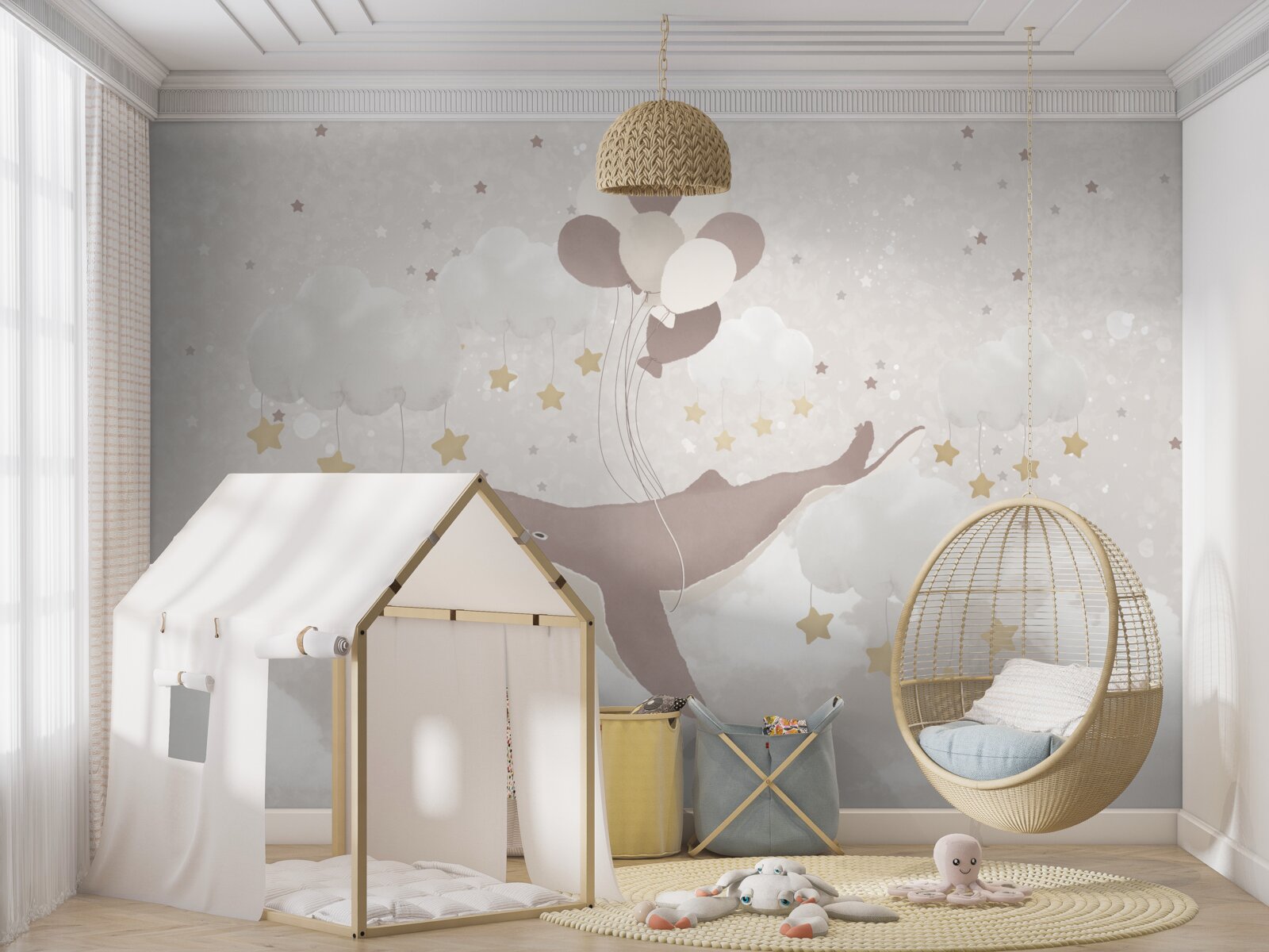 Fotobehang potvis drijft op ballonnen